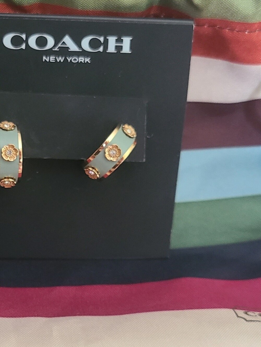 Coach Sage Green Enamel Hoop Earrings with Gold Tea Rose Accents